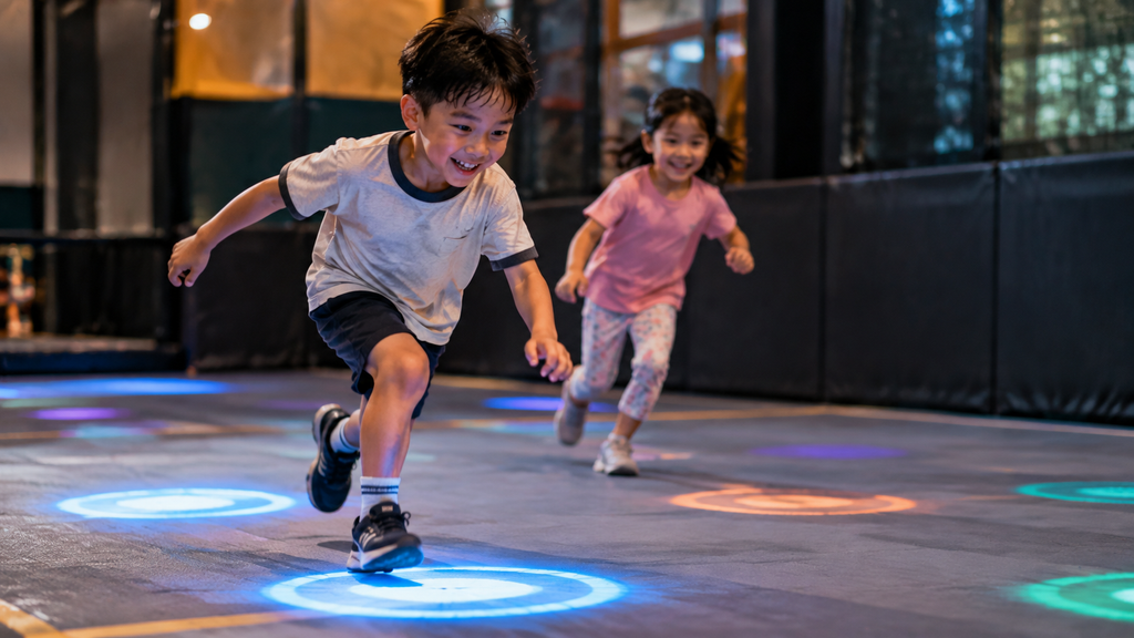 Playground Sensor Interaktif Jadi Tren Wahana Anak 2026: Panduan untuk Orang Tua dan Pengelola Venue 7 Anak-anak berlari mengejar target visual proyeksi digital pada sesi permainan aktif.