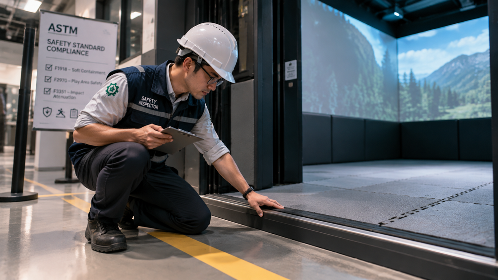 Playground Sensor Interaktif Jadi Tren Wahana Anak 2026: Panduan untuk Orang Tua dan Pengelola Venue 8 Petugas keselamatan memeriksa sambungan pelindung kabel dan bantalan busa lunak di arena bermain anak.
