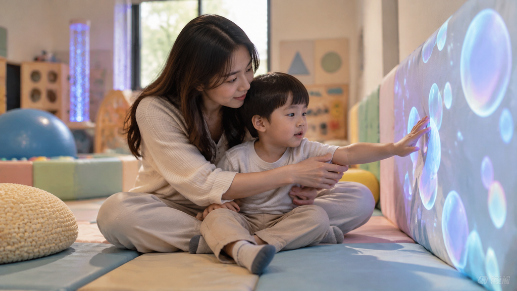 Playground Sensor Interaktif Jadi Tren Wahana Anak 2026: Panduan untuk Orang Tua dan Pengelola Venue 9 Balita didampingi orang tua saat mengeksplorasi proyeksi visual lembut di zona sensor khusus anak usia dini.