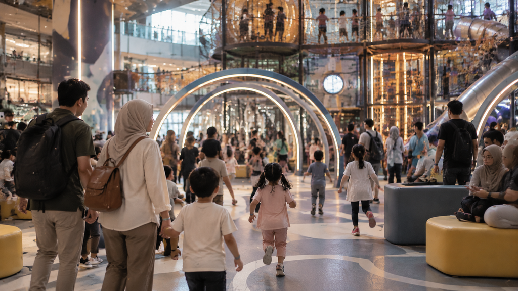 Playground Sensor Interaktif Jadi Tren Wahana Anak 2026: Panduan untuk Orang Tua dan Pengelola Venue 4 Suasana keluarga dan anak-anak mengeksplorasi zona permainan mekatronik di mal urban modern.