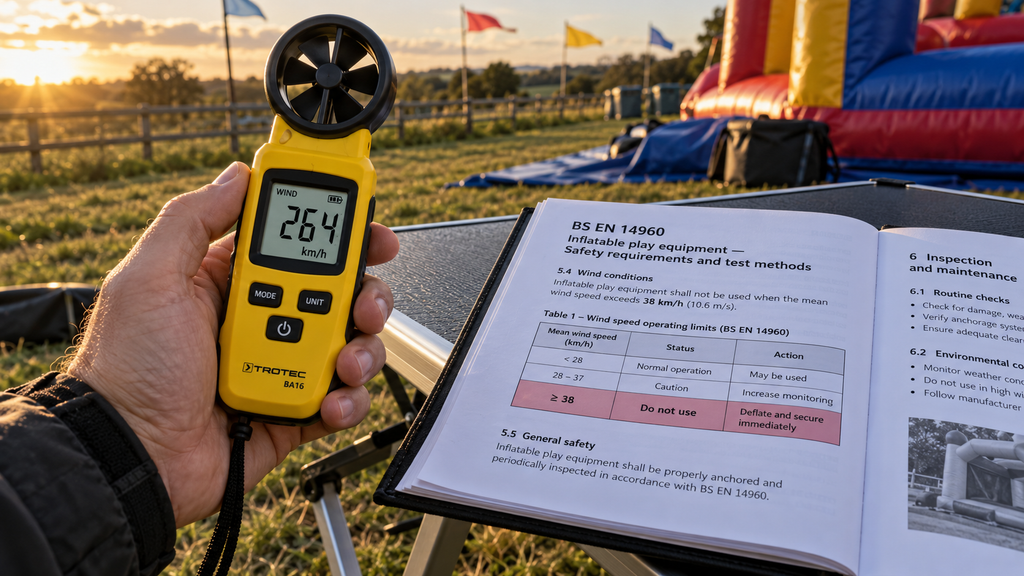 Wajib Cek Keamanan Wahana Tiup, Hindari Bermain Saat Angin Kencang 4 Anemometer digital portabel menampilkan angka kecepatan angin di dekat buku manual keselamatan wahana tiup.
