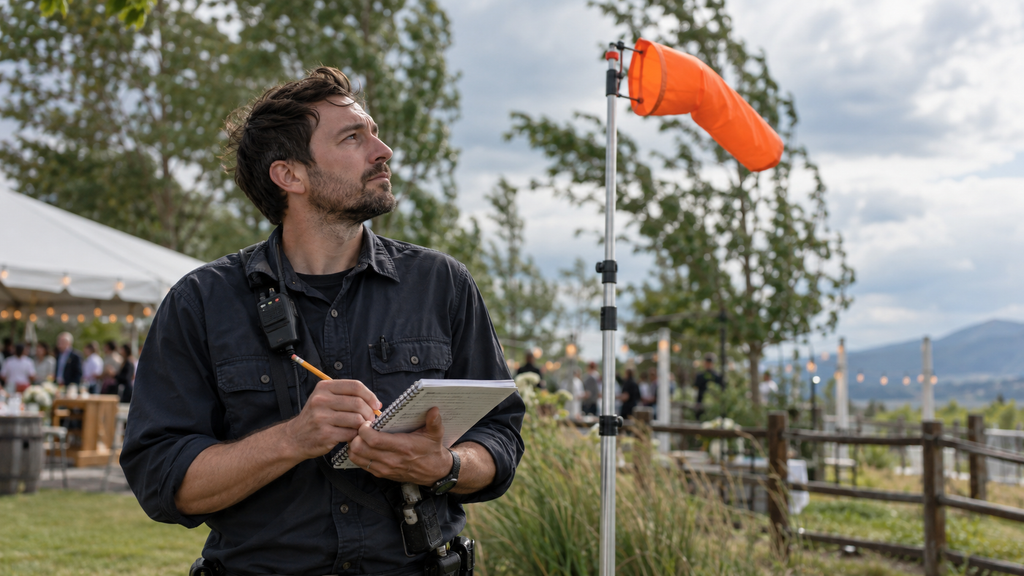 Wajib Cek Keamanan Wahana Tiup, Hindari Bermain Saat Angin Kencang 7 Petugas penanggung jawab keselamatan mencatat log kecepatan angin berkala di dekat anemometer dan tiang penunjuk arah angin.